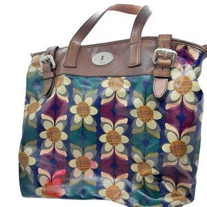 Fossil Shoulder Bag Womens Multicolor Key Per Floral Coated Canvas Inner Pockets